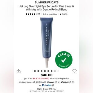 Brand New & Unopened Summer Fridays Jet Lag Overnight Eye Serum